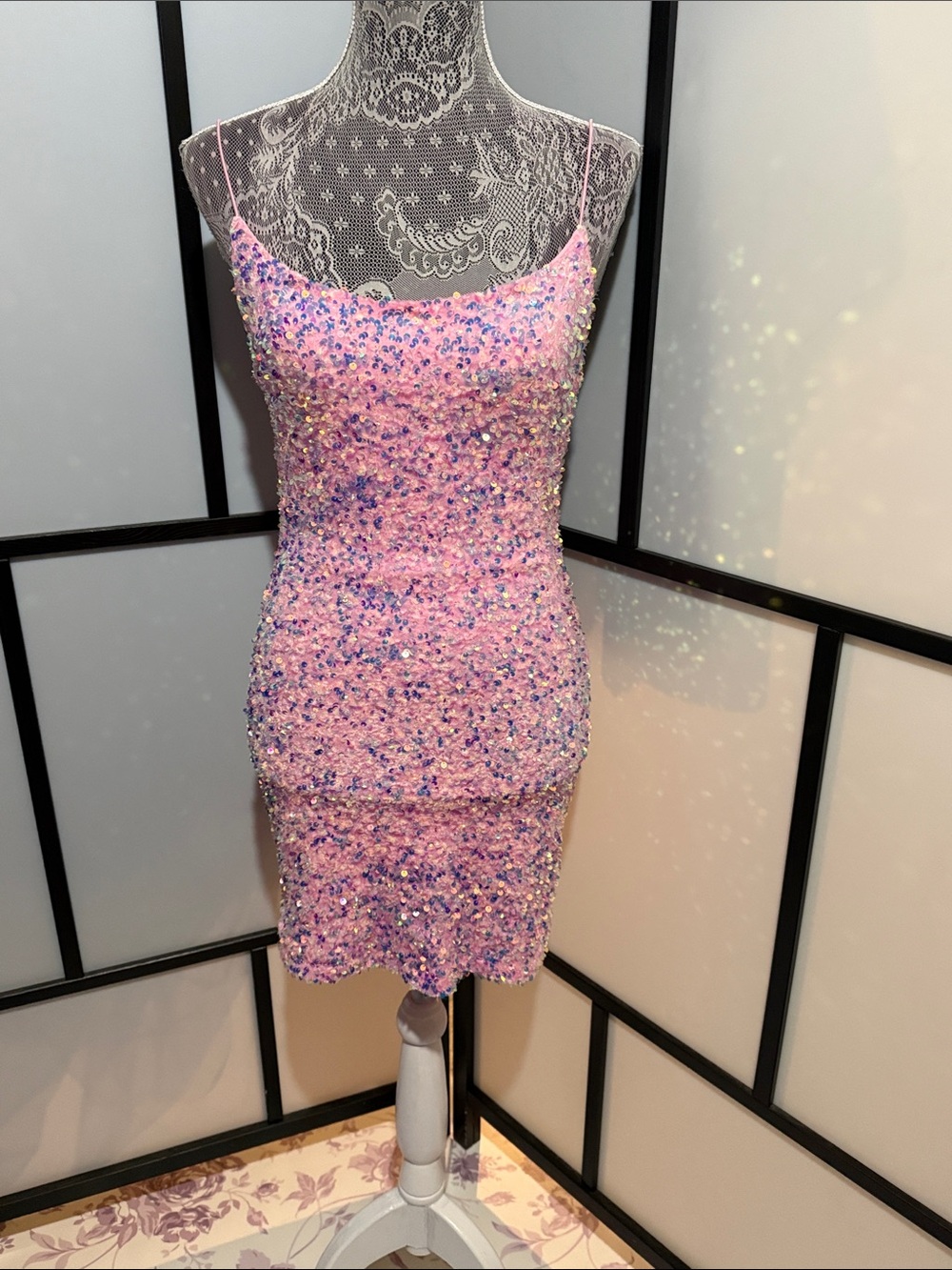 Pink Sequin Mini Dress with Spaghetti Straps
